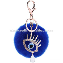 Custom blue Rabbit Fur ball keychain with Evil eye pendant